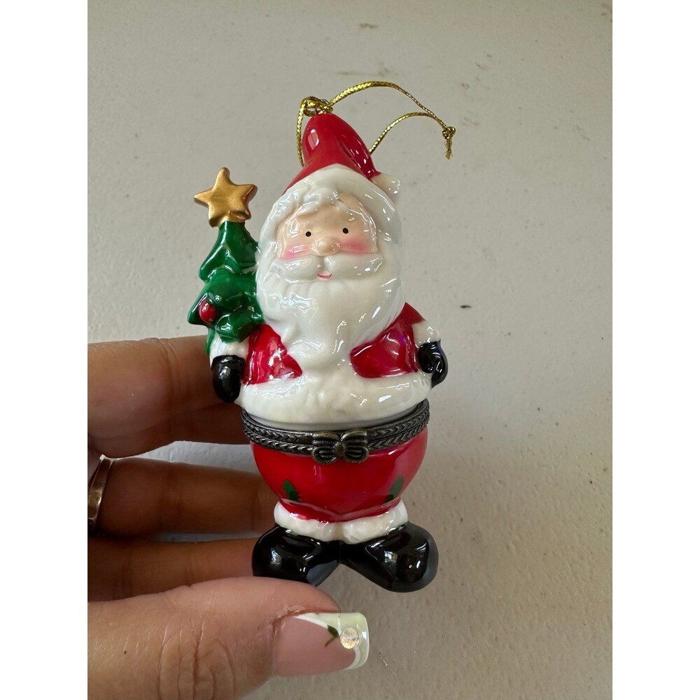 Hand Painted Ceramic Santa Claus Hinged Trinket Box Ornament Mini Present Inside